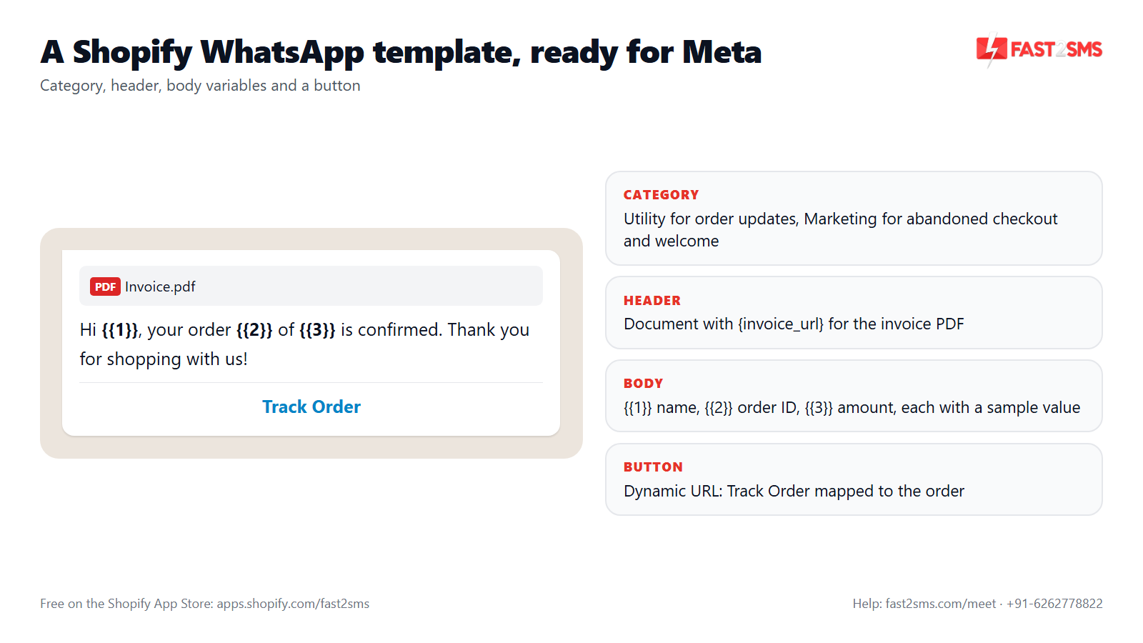 Shopify WhatsApp template for Meta approval with document header, variables and Track Order button