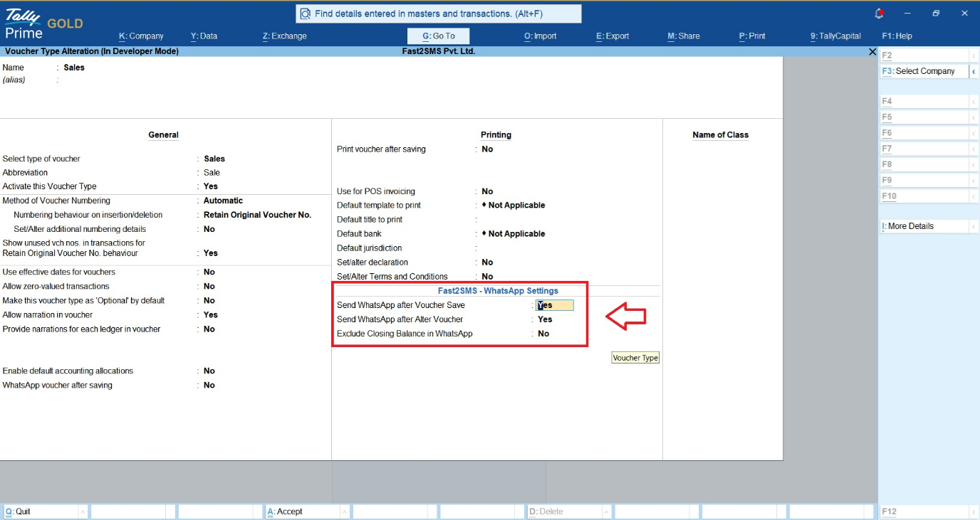 TallyPrime Voucher Type Alteration showing Fast2SMS WhatsApp Settings: Send WhatsApp after Voucher Save and after Alter Voucher