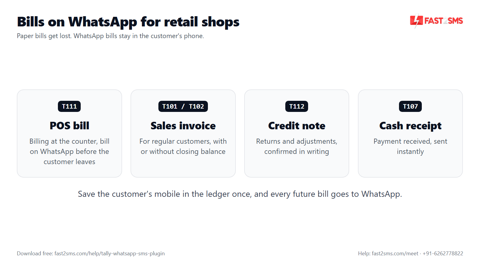 Retail shop bills on WhatsApp from Tally: POS bill, sales invoice, credit note, cash receipt