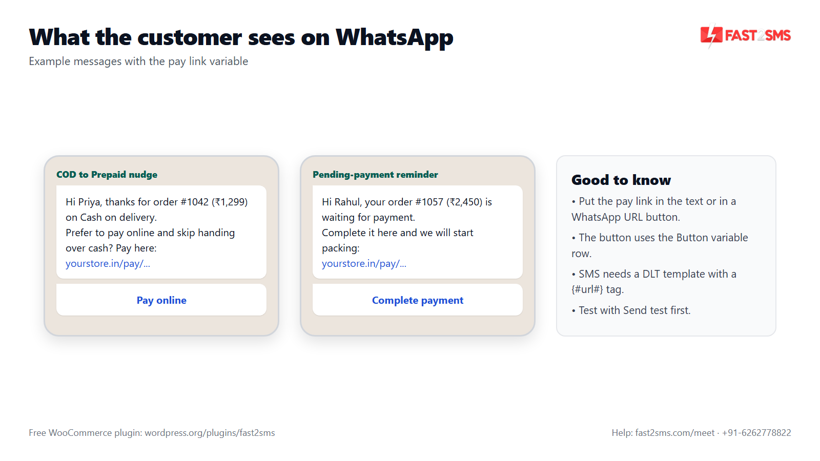 WooCommerce COD to prepaid and pending payment reminder messages on WhatsApp with pay link