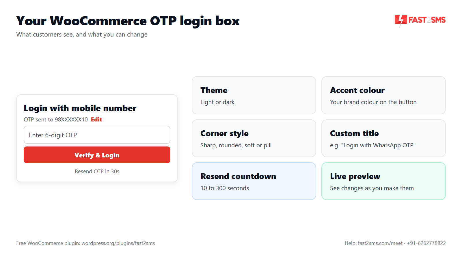 WooCommerce phone number login box with OTP sent message, Edit link, resend countdown and appearance options