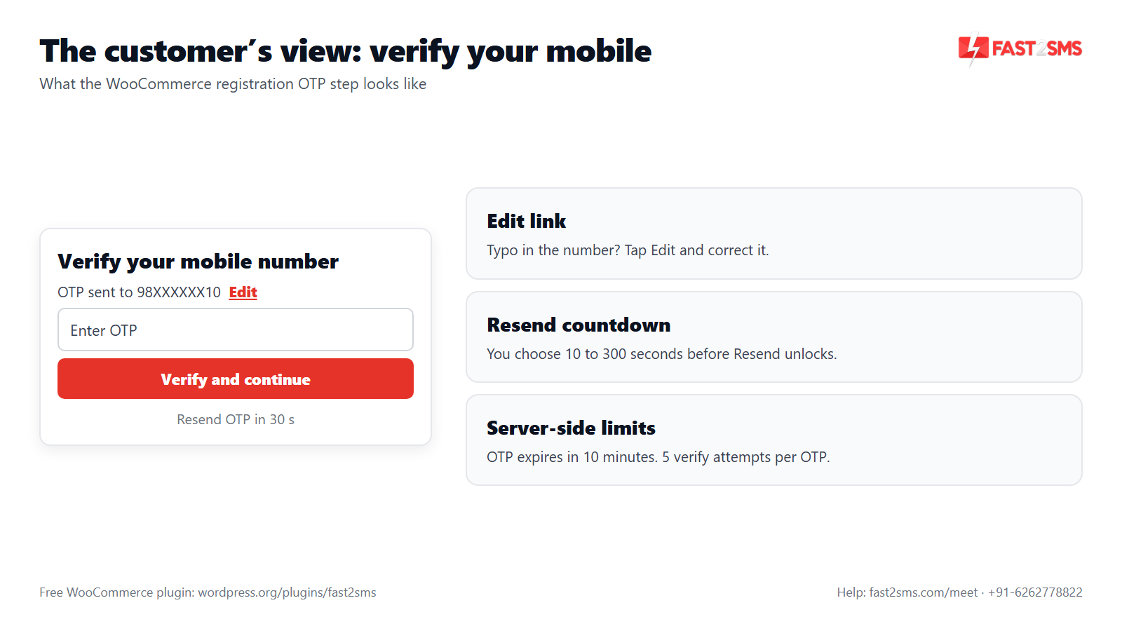 WooCommerce SMS verification box with Edit link and resend countdown