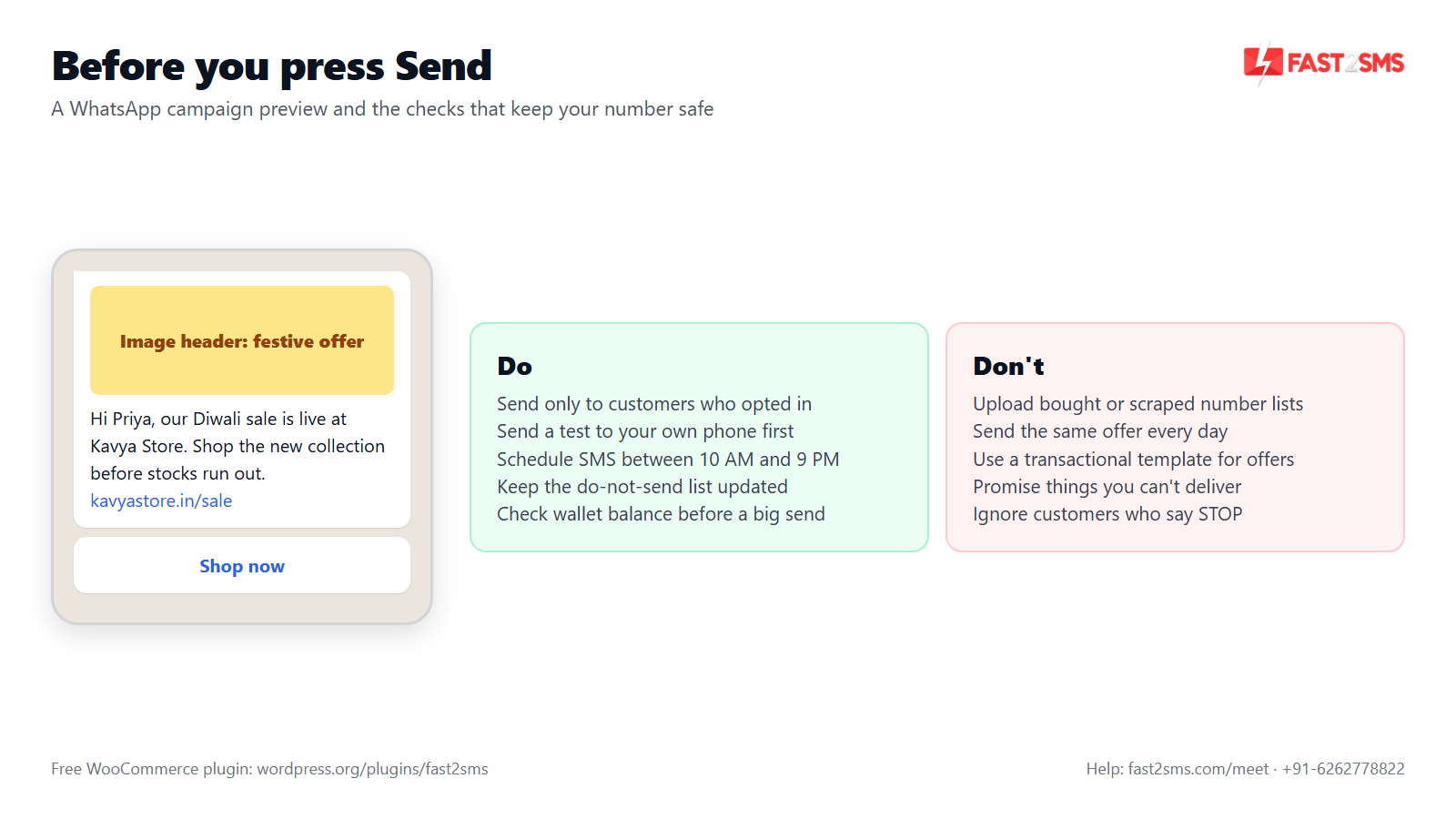 WooCommerce bulk WhatsApp campaign preview with image header and a do and don't checklist before sending